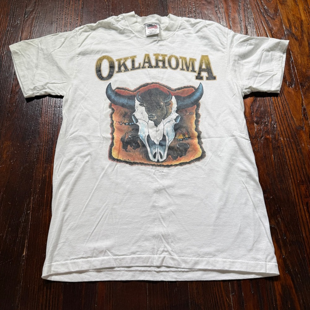 Vintage 90s Oklahoma Buffalo Skull Shirt Men M Carol Martin Oneita Single Stitch